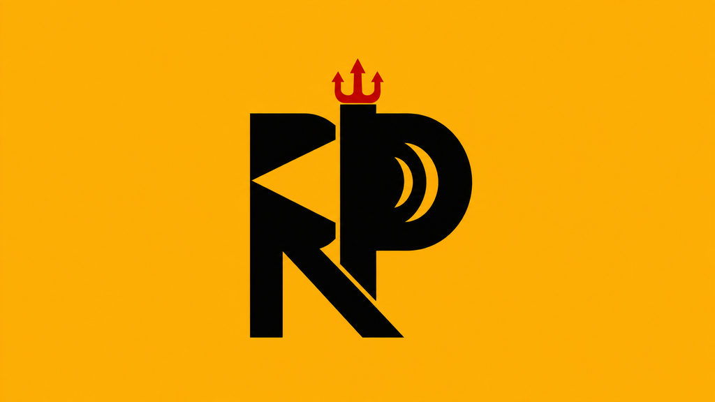 Monograma RP preto com tridente vermelho sobre fundo amarelo