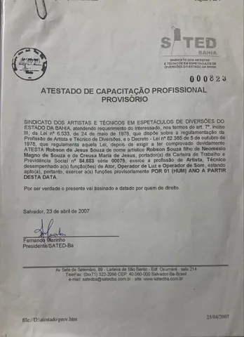 SATED-BA — atestado profissional