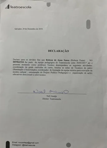Teatroescola — declaração de docência e coordenação