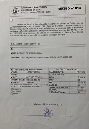 Teatro Sesc Senac Pelourinho — Recibo de março