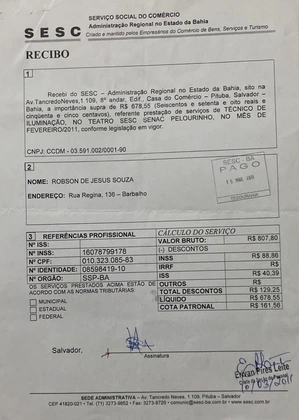 Teatro Sesc Senac Pelourinho — Recibo de iluminação