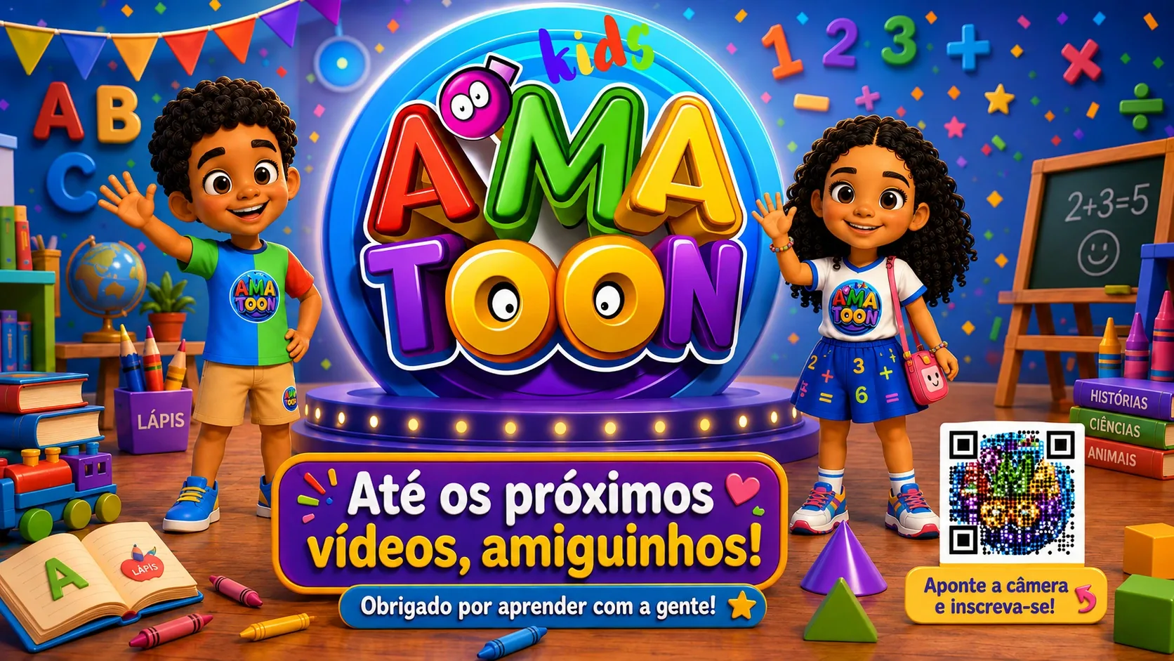 Arte oficial AMATOON Kids com Tito, Maria e a identidade do projeto